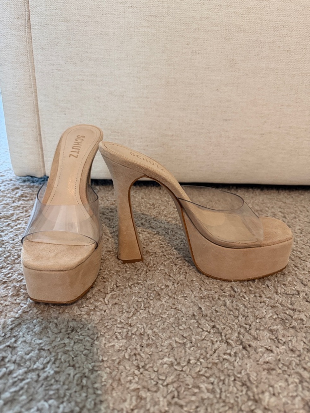 SCHUTZ Beige Suede Platform Mule with Clear Strap - Picture 2 of 6